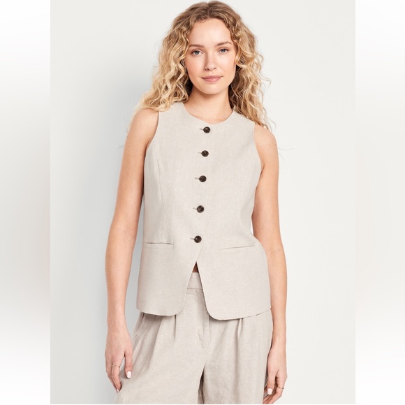 Old Navy Linen Blend Sleeveless Beige Button-Up Vest Sz L - Picture 1 of 14